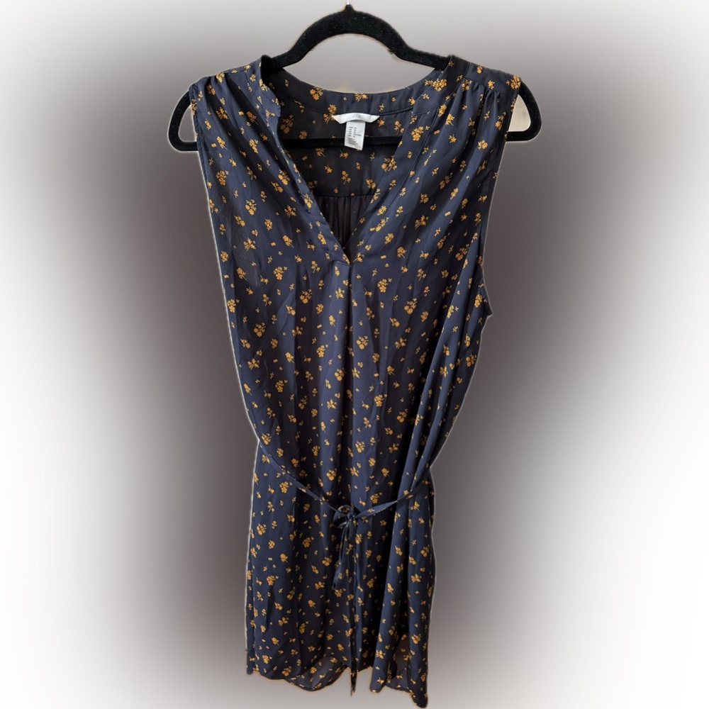 H&M Tie Waist Dress Navy w/ Orange Pattern Size 12